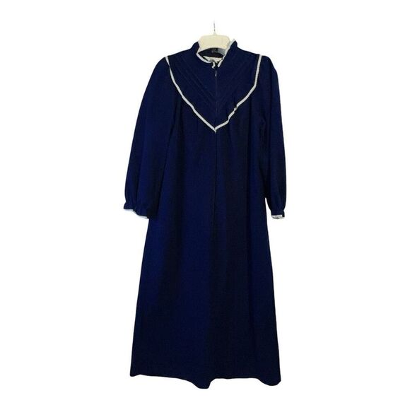 Vintage 70's Sears At Home Velour Robe Size Small 8/10 Navy Blue Long Zip Front - Picture 1 of 9